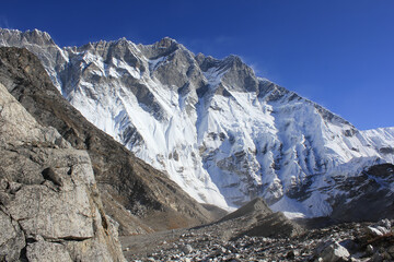 Scenic view of Lhotse South Face as seen from glacier moraine near Chukhung, Sagarmatha Khumbu Region, Nepal, Himalaya