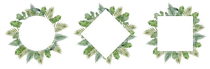 Watercolor frame set with tropical palm leaves. Hand drawn illustration exotic green leaf with background. Square frame