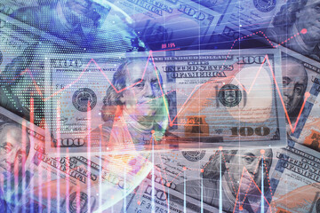 Multi exposure of forex chart drawing over us dollars bill background. Concept of financial success markets.