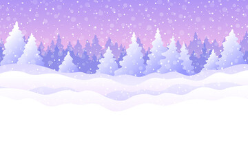 Winter background with snowy fir trees, snowdrifts and snowfall