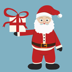 Cute Santa Claus with a present box with a red ribbon in his hand isolated on blue background. Christmas and New Year concept. Flat styles vector illustration