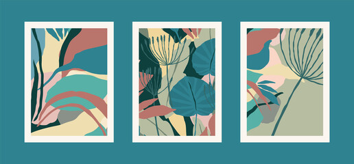 Fototapeta na wymiar Collection of art prints with abstract leaves. Modern design for posters, covers, cards, interior decor and other users.