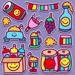 kawaii doodle cartoon beer designs for wallpaper, stickers, coloring books, pins, emblems, logos and more