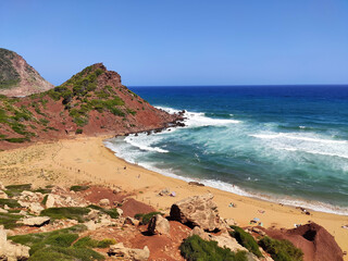 Cala Pilar famous Red Beach on north coast of Menorca Island, Balearic Islands, Spain