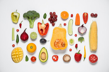 Composition with fresh organic fruits and vegetables on white background, top view