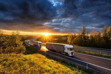 Three motion blurred trucks driving on the asphalt highway in forested landscape in the golden rays...
