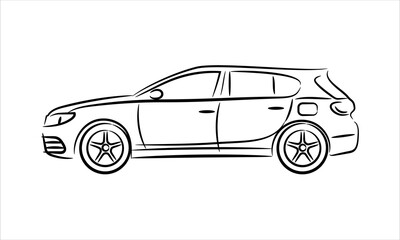 Modern car hatchback abstract silhouette on white background. Vehicle icons view from side. Art line 