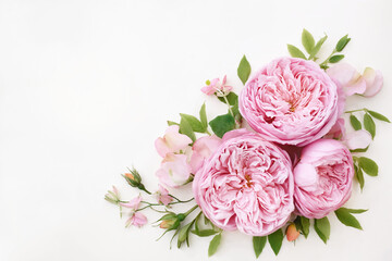 Delicate blossoming pink and white rose flowers frame, blooming pastel festive background, soft bouquet floral card, toned	