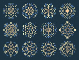 Set of ornamental elements. Floral snowflake patterns and Christmas designs. Hand drawn vector illustrations.
