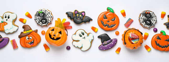 Tasty cookies and sweets for Halloween party on white table, flat lay