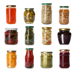 Set of jars with jams and pickled foods on white background