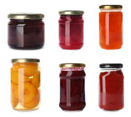 Set of jars with jams, sauce and pickled peaches on white background