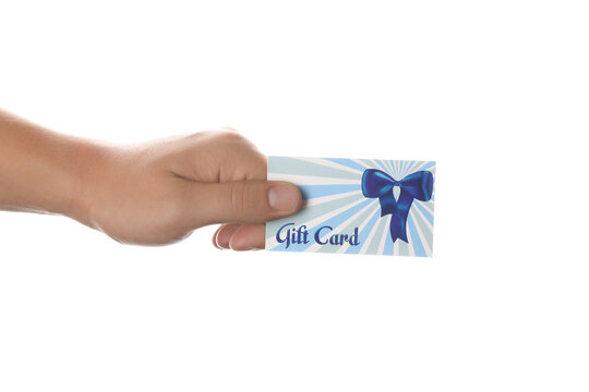 Man with gift card on white background, closeup