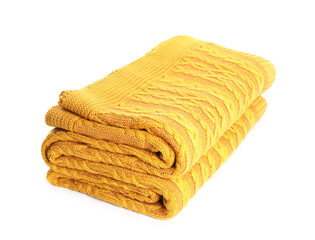 Stylish yellow knitted plaid on white background