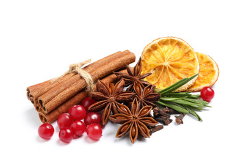 Composition with ingredients for mulled wine on white background