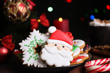 Bright delicious Christmas cookies on table, closeup