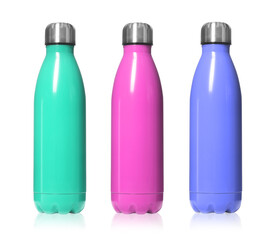 Set of modern thermos bottles in different colors on white background