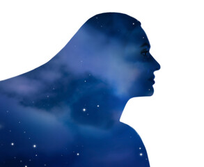 Universe hidden in human, mindfulness, imagination, art, creativity, inner power concepts. Silhouette of woman and starry sky or galaxy on white background, double exposure