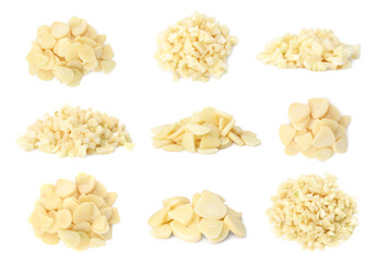 Set of cut garlic on white background