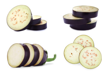 Set of eggplant slices on white background