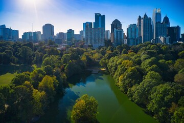 A Panoramic view of Atlanta skyline shot using a drone from Piedmont park.