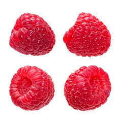Set of fresh ripe raspberry isolated on a white background. Macro shot. Berries from different angles
