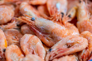 Frozen shrimps close-up. Dry freeze food with a minimum amount of water. Seafood delicacies. Selective focus