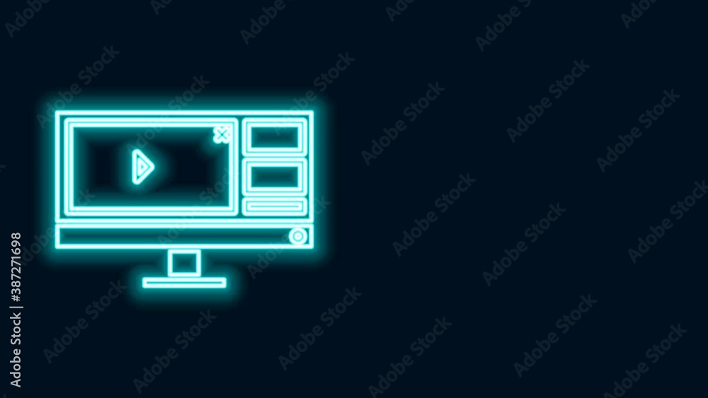 Poster glowing neon line video recorder or editor software on computer monitor icon isolated on black backg