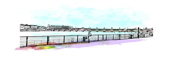 Fotobehang Building view with landmark of Bordeaux is a port city on the Garonne in the Gironde department in Southwestern France. Watercolor splash with hand drawn sketch illustration in vector. © dhanu3182