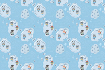Cute winter childrens seamless pattern of animals skating on ice in the forest. Cartoon fox, squirrel, bear, raccoon, deer, hedgehog and hare on a gentle blue background. Vector.