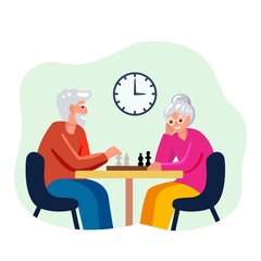 Aged people playing chess together and smiling Social concept isolated vector Illustration on a white background