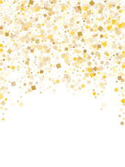 Trendy gold confetti sequins sparkles falling on white. Glittering Christmas vector sequins background. Gold foil confetti party glitter graphic design. Overlay pieces surprise backdrop.