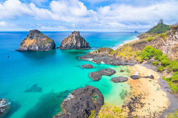 Beautiful view of Pigs Bay (Baia dos Porcos) and Two Brothers Hill (Morro Dois Irmãos) in Fernando de Noronha Island - Brazil
