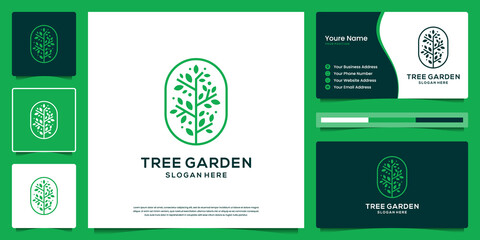 Green life tree outline concept logo design and business card. Elegant symbol for nature.