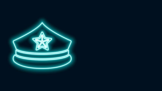 Glowing neon line Police cap with cockade icon isolated on black background. Police hat sign. 4K Video motion graphic animation