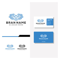 Fototapeta premium letter U wing tech logo design and business card vector