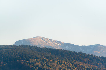 Fototapeta premium clear blue air over mountains in bulgaria crops hay fields clouds blue sharp focus distance superzoom copy space for text minimal landscape rural