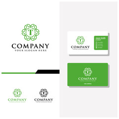 letter T ornament leaf logo design and business card vector