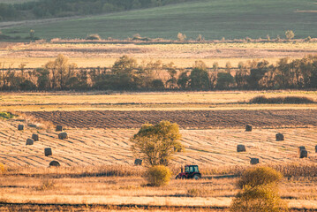 Obraz premium Lonely tractor harvest hay field crop stubble golden yellow orange autumn mountain background massive bulgaria technology machine agriculture
