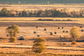 Tractor collecting straw bales sun bulgaria farming agriculture minimal machine golden hay small zoom far away work copy space for text