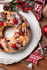 .Delicious homemade Christmas bread with fruits and nuts. Top view