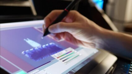 A digital artist creating a cartoon character with retro pixel art in a video game development studio on a touch screen drawing tablet with stylus pen SLIDE LEFT.