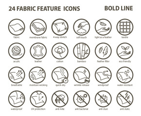 24 Fabric feature bold line icons-Pictograms with editable stroke
