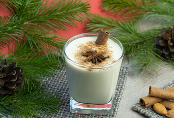 eggnog Christmas cocktail with grated nutmeg and cinnamon. Traditional holiday drink. warm xmas...