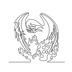 Phoenix a Mythological Bird That Cyclically Regenerates on Fire Front View Continuous Line Drawing Black and White