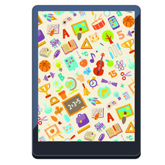 Tablet pc with icons school accessories flat style pattern, isolated vector illustration. Design for stickers, logo, web and mobile app.