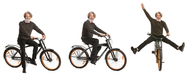 Sporty mature man riding bicycle against white background