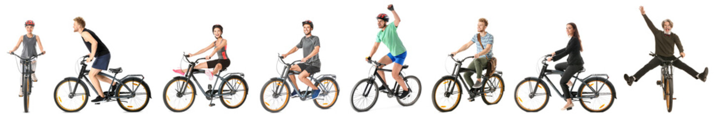 Sporty young people riding bicycles against white background