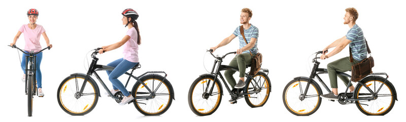 Obraz premium Sporty young people riding bicycles against white background