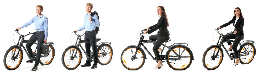 Sporty young people riding bicycles against white background